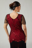 Nero rosso frangiato Bodycon perline 1920s vestito con 5 pezzi accessori Set