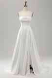Elegante A Line senza spalline pieghettato Sweep treno abito da sposa bianco con fessura