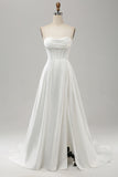 Elegante bianco A Line senza spalline plissettato sweep train abito da sposa con spacco