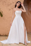 Elegante A Line senza spalline pieghettato Sweep treno abito da sposa bianco con fessura