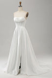 Elegante bianco A Line senza spalline plissettato sweep train abito da sposa con spacco
