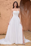Elegante A Line senza spalline pieghettato Sweep treno abito da sposa bianco con fessura
