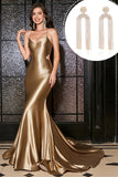 Sirena Golden Spaghetti Straps Prom Dress con accessorio