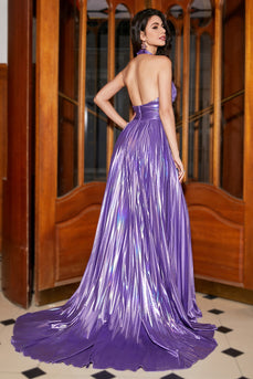 Sparkly Halter plissettato viola prom dress con accessorio