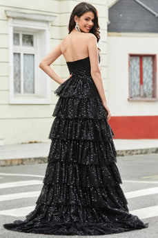Nero senza spalline A-Line lungo Tiered Prom Dress con accessorio