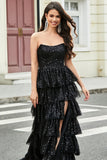 Nero senza spalline A-Line lungo Tiered Prom Dress con accessorio