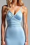 Sky Blue Mermaid increspato V-Neck Abito lungo da ballo