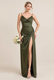 Olive Sheath Satin Maxi Abito da damigella d'onore con spacco