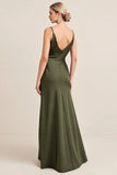Olive Sheath Satin Maxi Abito da damigella d'onore con spacco