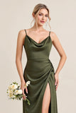 Olive Sheath Satin Maxi Abito da damigella d'onore con spacco