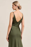 Olive Sheath Satin Maxi Abito da damigella d'onore con spacco