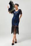 Sparkly Flapper nero dorato paillettes aderente frange abito anni 1920