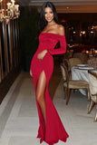 Borgogna Off-the-Shoulder Satin Stub Abito Gala con Spacco