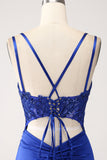 Sirena Blu Reale Corsetto Paillettes Perline Abito Da Cerimonia Lungo Con Fessura