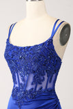 Sirena Blu Reale Corsetto Paillettes Perline Abito Da Cerimonia Lungo Con Fessura