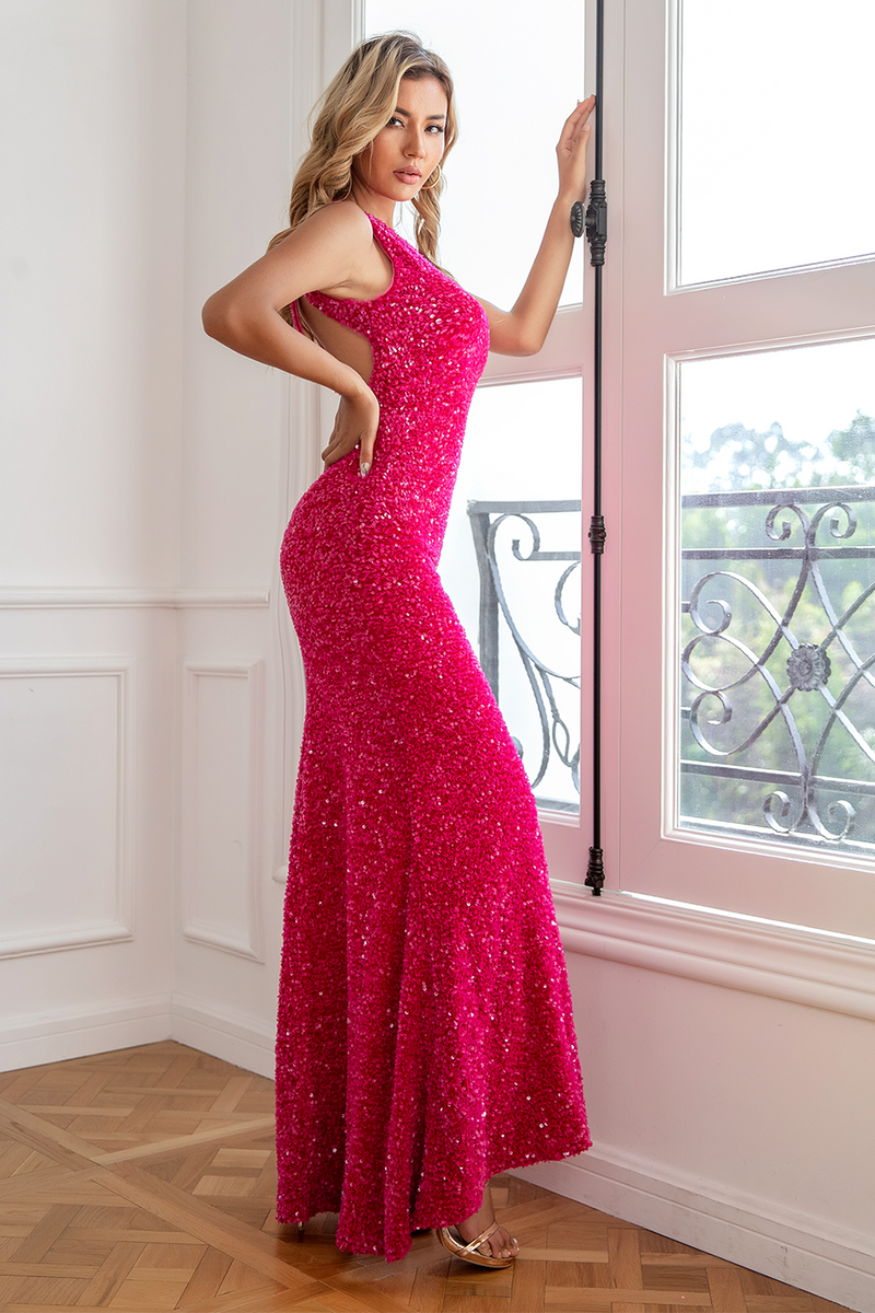 Carica l&#39;immagine nel visualizzatore di Gallery, Abito da ballo lungo di paillettes fucsia con spacco