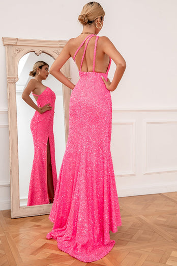 Sirena Rosa Una Spalla Paillettes Prom Abiti