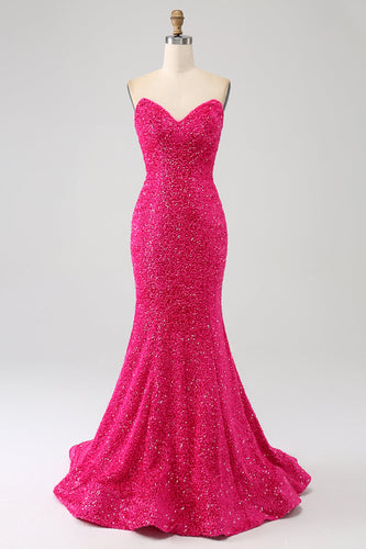 Bling Mermaid Sweetheart Hot Pink Paillettes Abito Lungo Prom