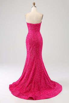 Bling Mermaid Sweetheart Hot Pink Paillettes Abito Lungo Prom