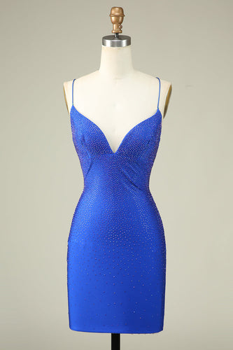 Sexy scollo a V blu Spaghetti Straps Homecoming Dress con perline