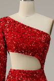 Mermaid One Shoulder Red Sequins Cut Out Prom Dress con spaccatura frontale