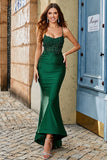 Trendy Sirena Halter Neck Verde Scuro Lungo Prom Dress con Appliques Perline