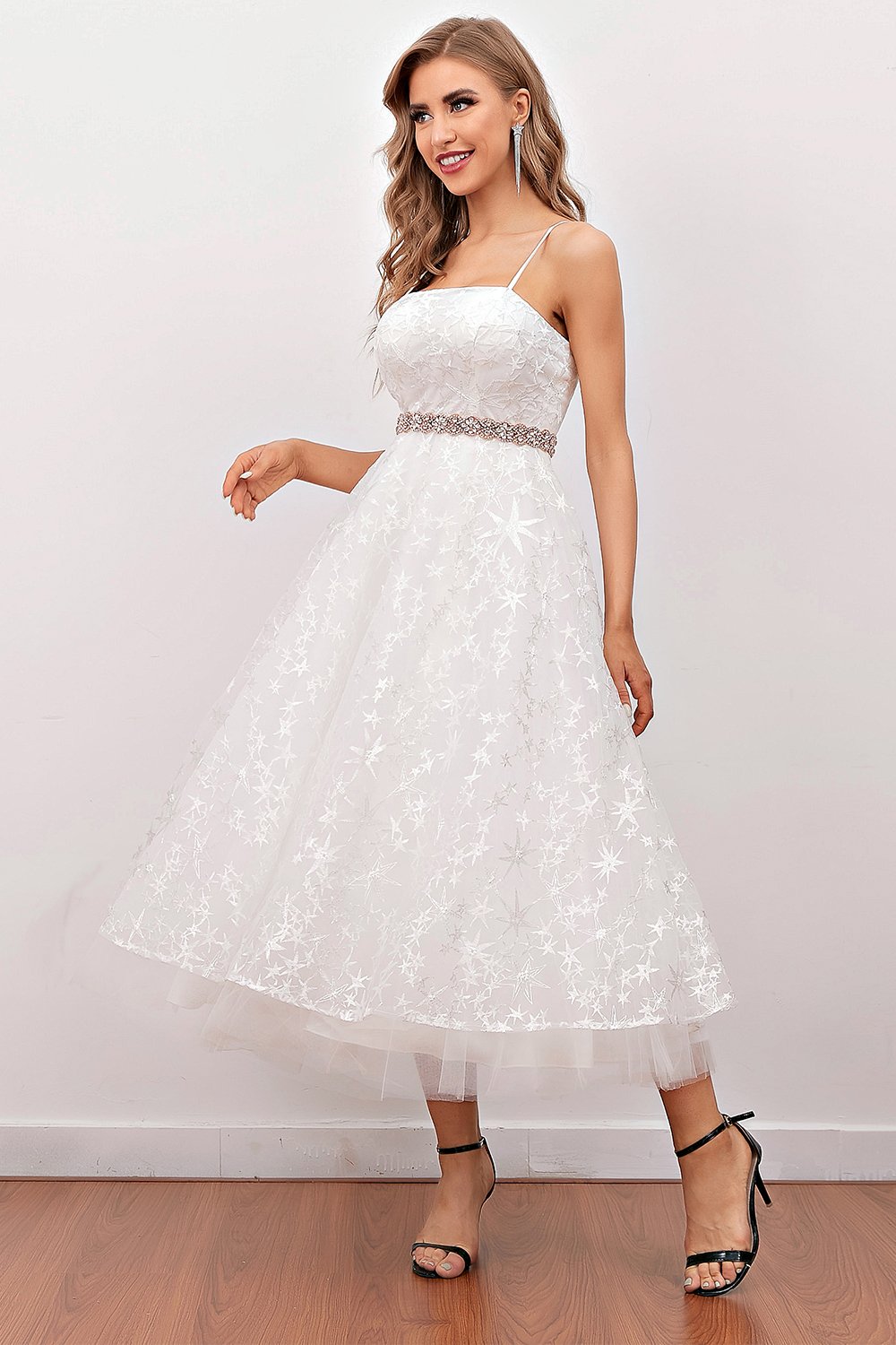 Abito midi prom in pizzo bianco(Cintura non inclusa)