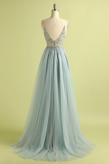 Abito da Cerimonia Lungo Azzurro in Tulle con Perline e Spacco