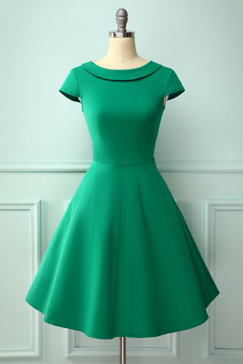 Zapaka Vestito Anni 50 Abito vintage con scollo a barchetta verde