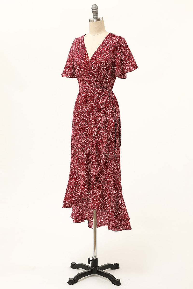 Carica l&#39;immagine nel visualizzatore di Gallery, Estate Borgogna Stampa Wrap Dress Casual