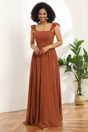 Abito da damigella d'onore in terracotta Chiffon A-Line Lunghezza da sposa con volant