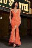 Sparkly Orange Mermaid Spaghetti Straps Paillettes Prom Dress con fessura