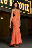 Sparkly Orange Mermaid Spaghetti Straps Paillettes Prom Dress con fessura