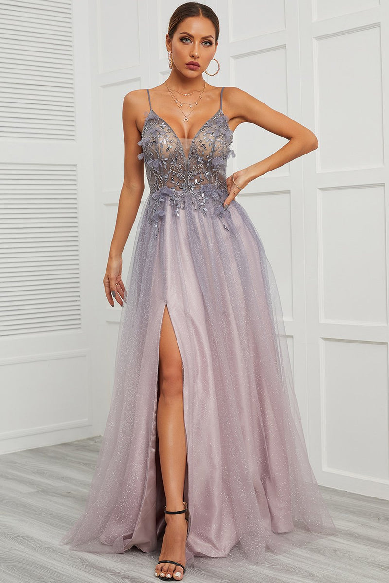 Carica l&#39;immagine nel visualizzatore di Gallery, Spaghetti Straps Appliques Long Prom Dress con Split Front