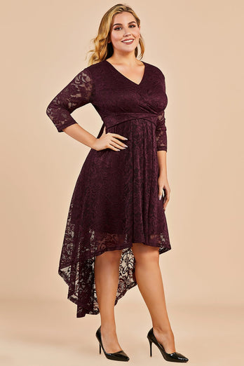Abito in pizzo Burgundy High Low Plus Size