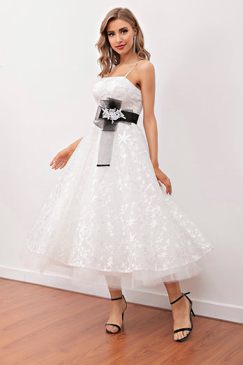 Abito midi prom in pizzo bianco(Cintura non inclusa)