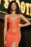 Sparkly Mermaid Spaghetti Straps Orange Sequins Prom Dress con Split Front