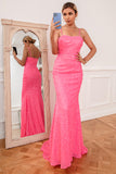 Hot Pink Sequin Spaghetti Straps Prom Dress