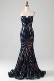 Sparkly Navy Sirena Paillettes Abito Lungo Prom