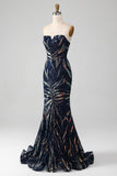 Sparkly Navy Sirena Paillettes Abito Lungo Prom