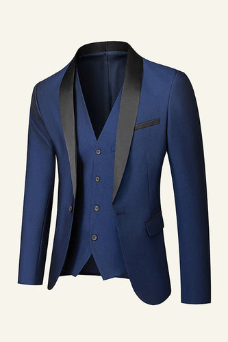 Blu scuro Shawl rever 3 pezzi abiti da sposa da uomo