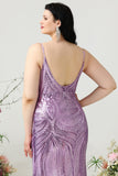 Spaghetti a tubino Spaghetti Paillettes viola chiaro Plus Size Prom Dress