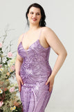 Spaghetti a tubino Spaghetti Paillettes viola chiaro Plus Size Prom Dress