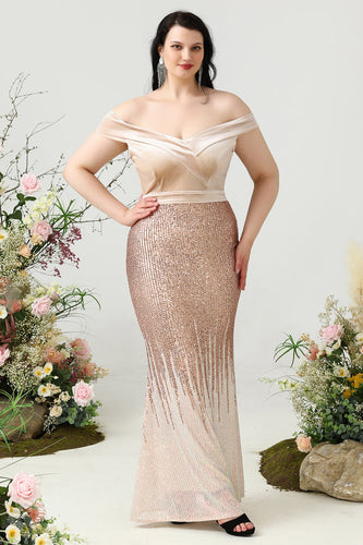 Mermaid Off the Shoulder Champagne Plus Size Prom Dress con paillettes