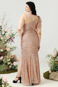 Mermaid One Shoulder Champagne Sequins Plus Size Prom Dress con spaccatura frontale