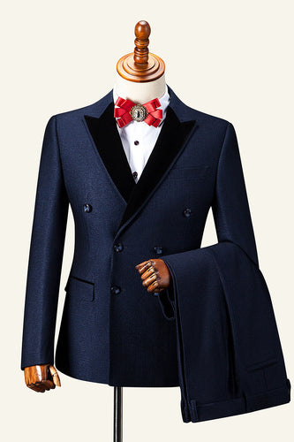 Tuxedo da uomo doppio petto con rever a punta blu scuro