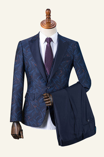 Tuxedo da uomo con rever a 3 pezzi stampato con rever blu scuro