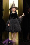 Sparkly Black Velvet Maniche Lunghe Halloween Girl Dress