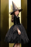 Sparkly Black Velvet Maniche Lunghe Halloween Girl Dress