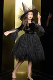 Sparkly Black Velvet Maniche Lunghe Halloween Girl Dress